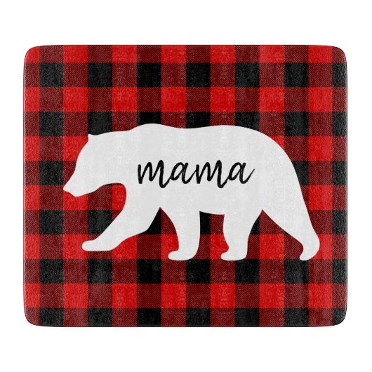 赤いモダン格子柄と白いママのクマの贈り物 カッティングボード (正面)