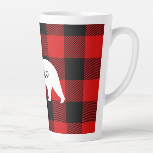 赤いモダン格子柄と白いママのクマの贈り物 カフェラテマグ (右)