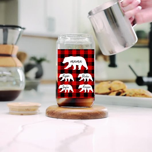 赤いモダン格子柄と白いママのクマの贈り物 ガラス缶