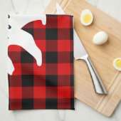 赤いモダン格子柄と白いママのクマの贈り物 キッチンタオル (四つ折り)