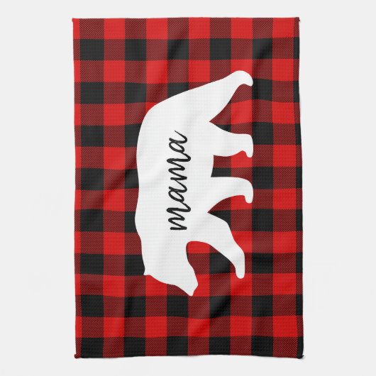 赤いモダン格子柄と白いママのクマの贈り物 キッチンタオル (縦)