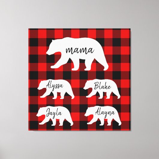 赤いモダン格子柄と白いママのクマの贈り物 キャンバスプリント (正面)