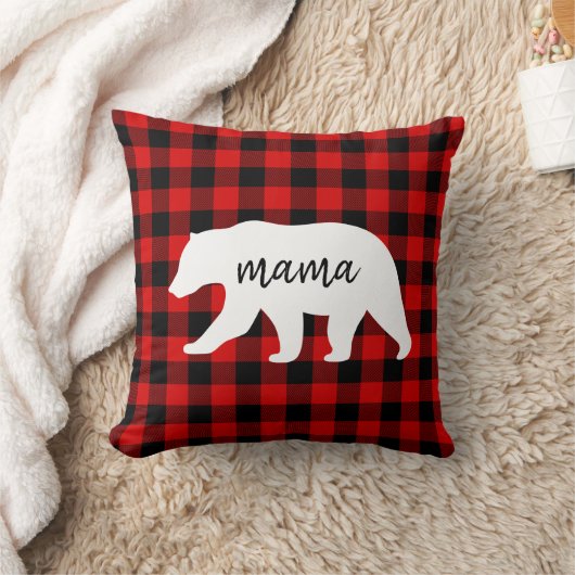 赤いモダン格子柄と白いママのクマの贈り物 クッション (ブランケット)