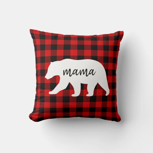 赤いモダン格子柄と白いママのクマの贈り物 クッション (正面)