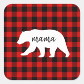 赤いモダン格子柄と白いママのクマの贈り物 スクエアシール (正面)