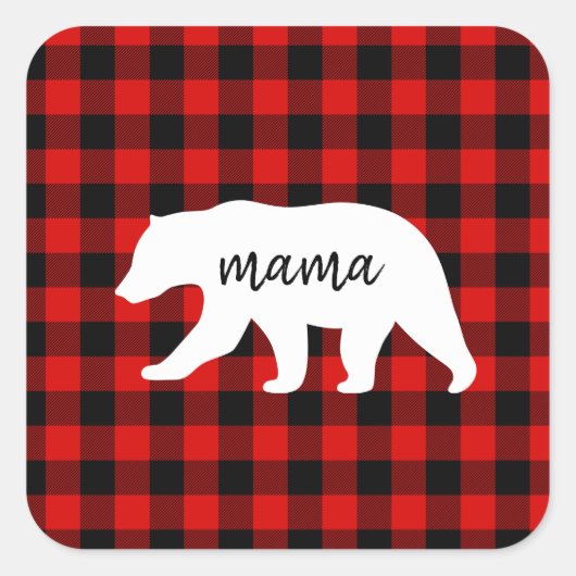 赤いモダン格子柄と白いママのクマの贈り物 スクエアシール (正面)