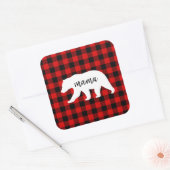 赤いモダン格子柄と白いママのクマの贈り物 スクエアシール (封筒)