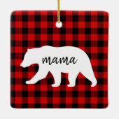 赤いモダン格子柄と白いママのクマの贈り物 セラミックオーナメント (裏面)