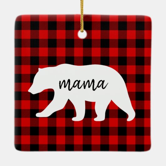 赤いモダン格子柄と白いママのクマの贈り物 セラミックオーナメント (裏面)