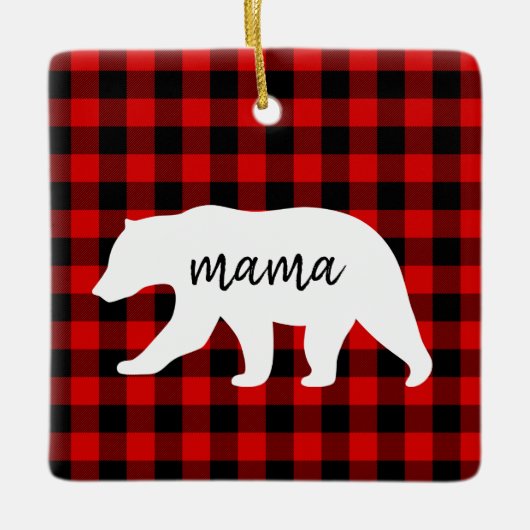 赤いモダン格子柄と白いママのクマの贈り物 セラミックオーナメント (正面)
