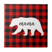 赤いモダン格子柄と白いママのクマの贈り物 タイル (正面)