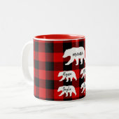 赤いモダン格子柄と白いママのクマの贈り物 ツートーンマグカップ (正面左)