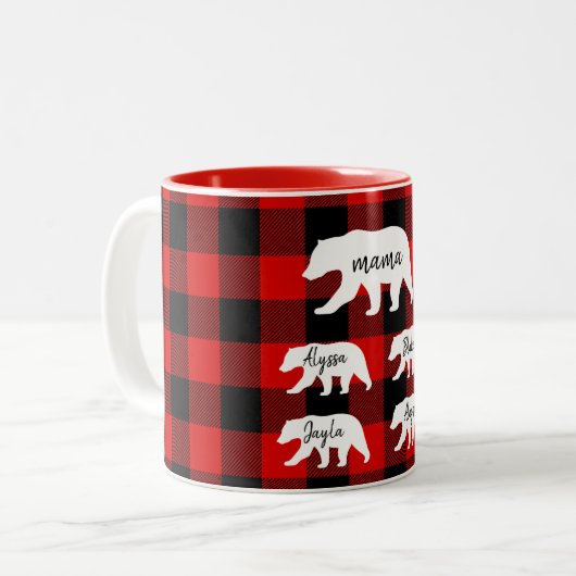 赤いモダン格子柄と白いママのクマの贈り物 ツートーンマグカップ (正面左)