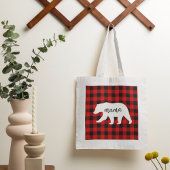 赤いモダン格子柄と白いママのクマの贈り物 トートバッグ