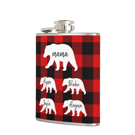 赤いモダン格子柄と白いママのクマの贈り物 フラスク (左)