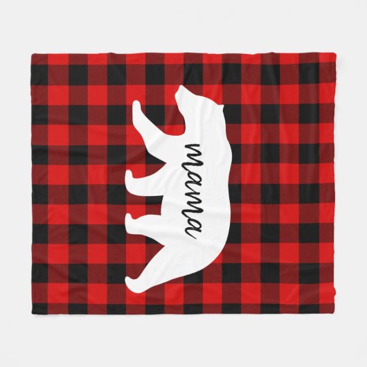 赤いモダン格子柄と白いママのクマの贈り物 フリースブランケット (正面(横))