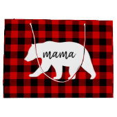 赤いモダン格子柄と白いママのクマの贈り物 ラージペーパーバッグ (裏面)
