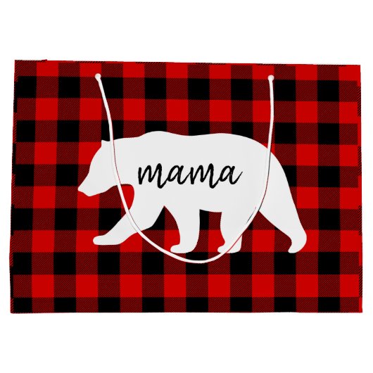 赤いモダン格子柄と白いママのクマの贈り物 ラージペーパーバッグ (裏面)