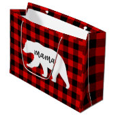 赤いモダン格子柄と白いママのクマの贈り物 ラージペーパーバッグ (正面アングル)