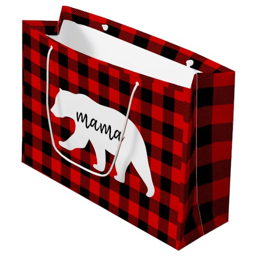 赤いモダン格子柄と白いママのクマの贈り物 ラージペーパーバッグ (正面アングル)