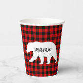 赤いモダン格子柄と白いママのクマの贈り物 紙コップ (裏面)