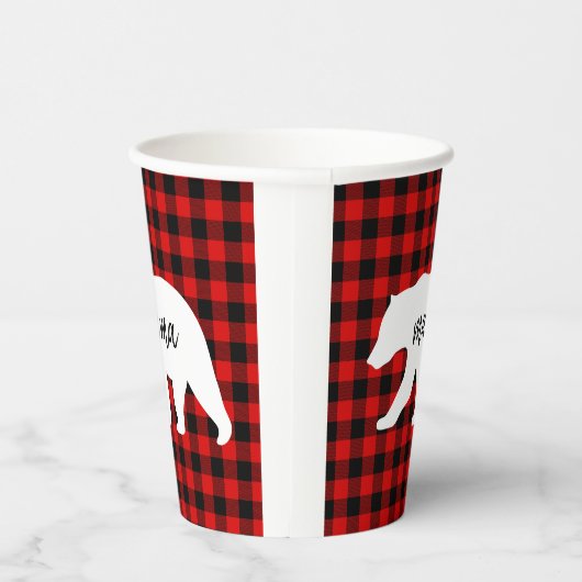 赤いモダン格子柄と白いママのクマの贈り物 紙コップ (右)