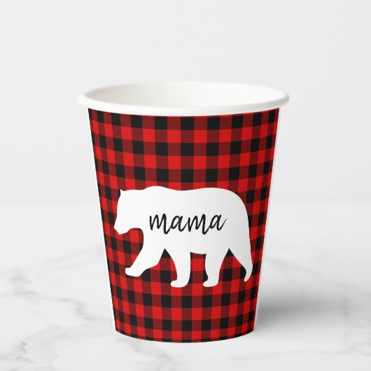 赤いモダン格子柄と白いママのクマの贈り物 紙コップ (正面)