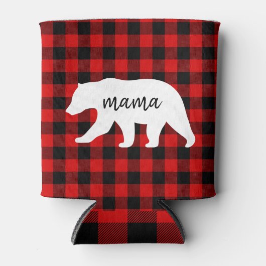 赤いモダン格子柄と白いママのクマの贈り物 缶クーラー (正面)
