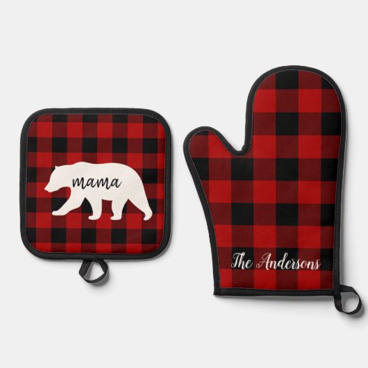 赤いモダン格子柄と白いママのクマの贈り物 鍋つかみ&鍋敷きセット (正面)