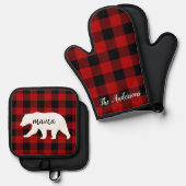赤いモダン格子柄と白いママのクマの贈り物 鍋つかみ&鍋敷きセット (正面/裏面)