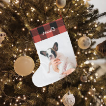 赤いモダン格子模様と名前の大きなクリスマスストッキング