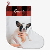 赤いモダン格子模様と名前の大きなクリスマスストッキング ラージクリスマスストッキング (正面)