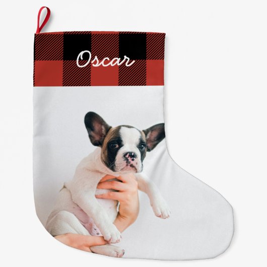 赤いモダン格子模様と名前の大きなクリスマスストッキング ラージクリスマスストッキング (正面)