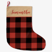 赤いモダン格子模様と名前の大きなクリスマスストッキング ラージクリスマスストッキング (正面)