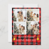 赤いモダン格子模様のクリスマスファミリー写真コラージュ シーズンカード (正面)