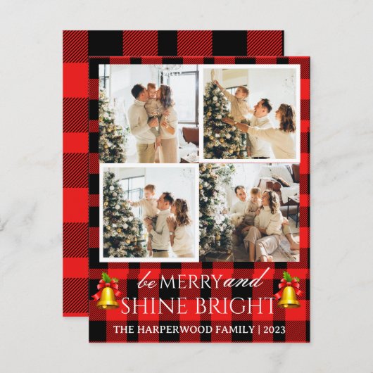 赤いモダン格子模様のクリスマスファミリー写真コラージュ シーズンカード (正面/裏面)