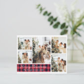 赤いモダン格子模様のクリスマスファミリー写真コラージュ シーズンポストカード (スタンド正面)