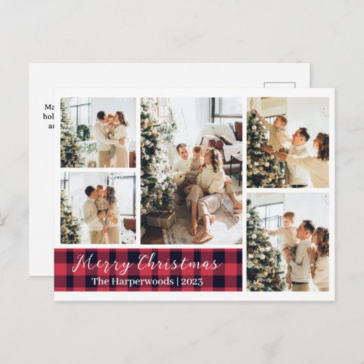 赤いモダン格子模様のクリスマスファミリー写真コラージュ シーズンポストカード (正面/裏面)