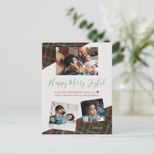 赤いモダン格子模様3枚の家族写真 シーズンポストカード (スタンド正面)