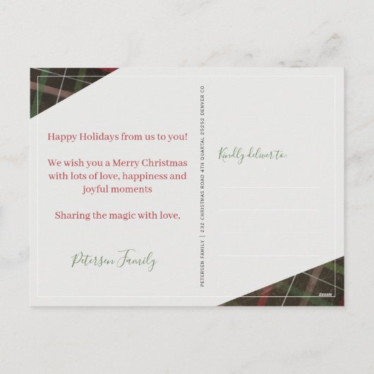 赤いモダン格子模様3枚の家族写真 シーズンポストカード (裏面)