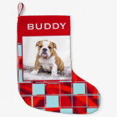 赤いモダン格子毛の犬ペットの写真 スモールクリスマスストッキング (正面)