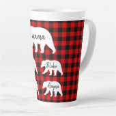 赤いモダン格子縞と白いマママベア カフェラテマグ (右アングル)