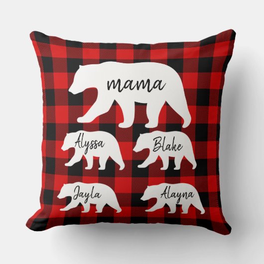 赤いモダン格子縞と白いマママベア クッション (正面)