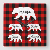 赤いモダン格子縞と白いマママベア スクエア壁時計 (正面)