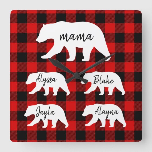赤いモダン格子縞と白いマママベア スクエア壁時計 (正面)