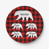赤いモダン格子縞と白いマママベア ペーパープレート (正面)