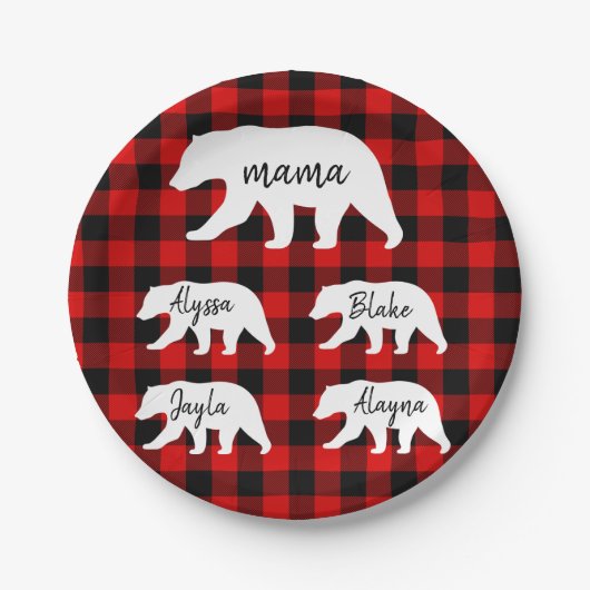 赤いモダン格子縞と白いマママベア ペーパープレート (正面)