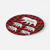 赤いモダン格子縞と白いマママベア ペーパープレート (アングル)