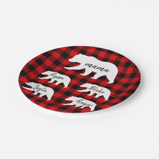 赤いモダン格子縞と白いマママベア ペーパープレート (アングル)
