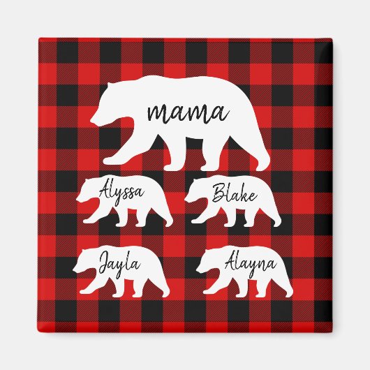 赤いモダン格子縞と白いマママベア マグネット (正面)